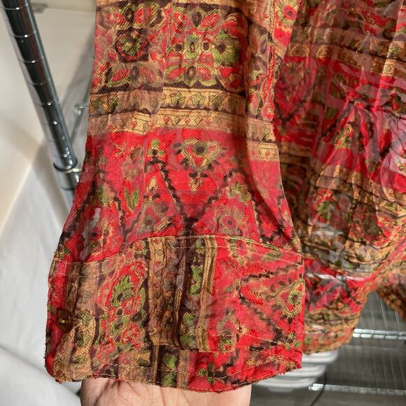 Coldwater Creek Red Aztec Print Sheer Button Up Top Size 1X Statement Boho Flowy - Picture 5 of 11
